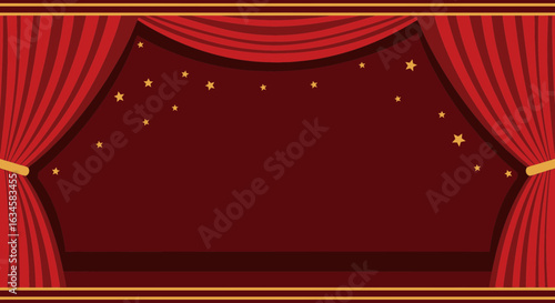 A Decorative Theatrical Stage Curtain with Gold Stars for Performances and Events