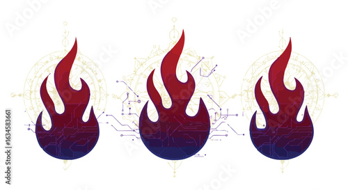 Abstract Flame Vector Illustration with Circuitry Elements in Modern Tech Style
