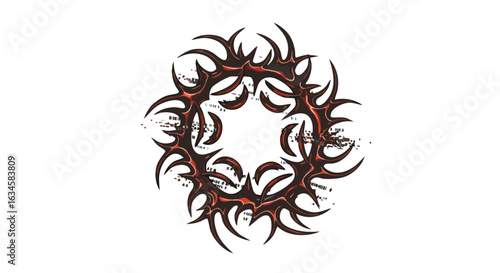 Vector Illustration of Thorny Circular Pattern with Organic Spiked Shapes in Dark Red and Black in Modern Style