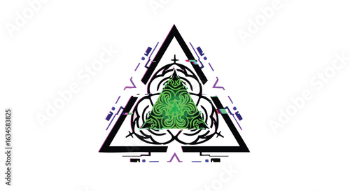 Abstract Geometric Vector Pattern with Triangular Elements and Green Central Motif in Modern Style