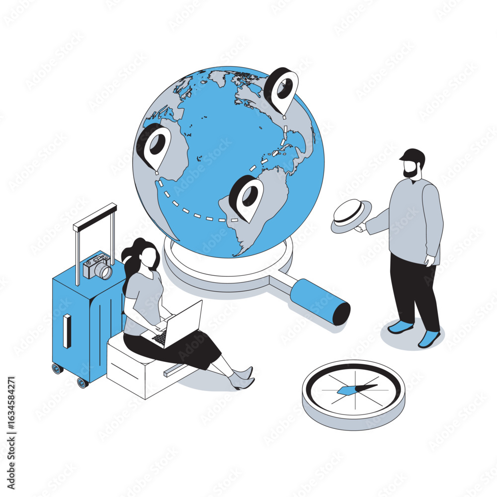 Fototapeta premium Travelling 3d isometric concept with isometry people design for web. Man and woman planning summer vacation, using globe and compass for routes, booking flight tickets online. Vector illustration