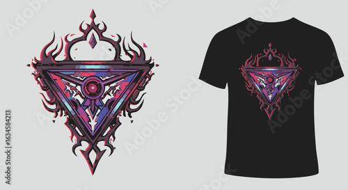 Vector Graphic T Shirt Design with Mystical Triangular Emblem in Gothic Style with Flames and Geometric Elements in Purple Pink and Black Colors