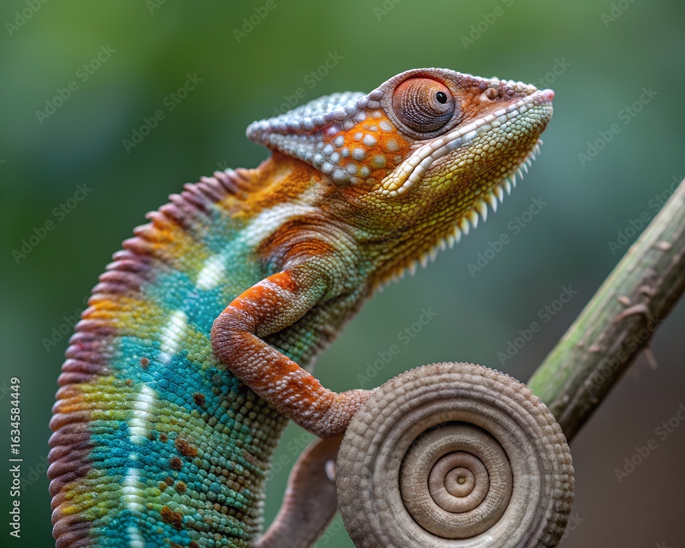 Obraz premium Vibrant panther chameleon with detailed scales on a branch