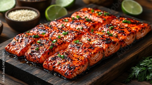 Grilled salmon fillets with a spicy glaze.