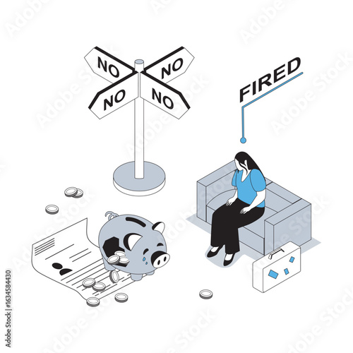 Unemployment and crisis 3d isometric concept with isometry people design for web. Sad woman fired from office and losing savings, getting financial problems and jobless failure. Vector illustration