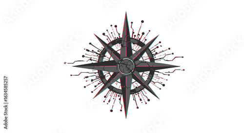 Vector Illustration of Nautical Compass Rose in Modern Geometric Style with Black and Red Colors