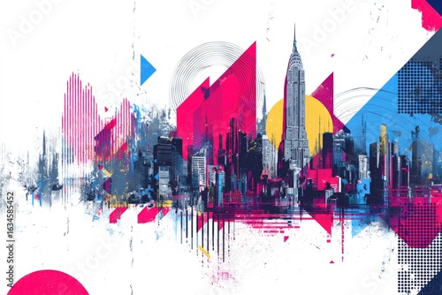 Abstract New York City skyline, vibrant geometric shapes and textures