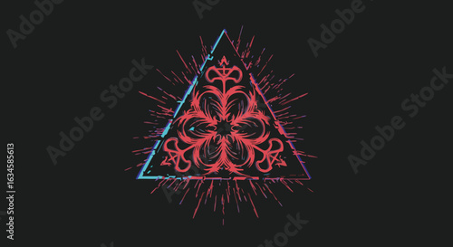 Neon Geometric Vector Illustration with Abstract Triangle and Floral Elements in Modern Style
