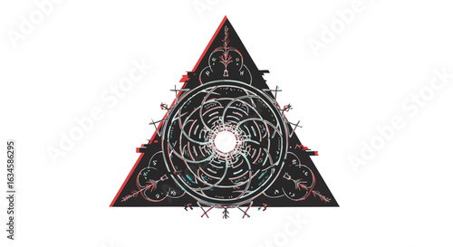Abstract Geometric Vector Illustration with Triangle and Circular Elements in Dark and Red Color Scheme