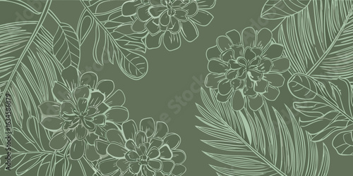 Elegant outline of plumeria flowers and leaves on a sage green background