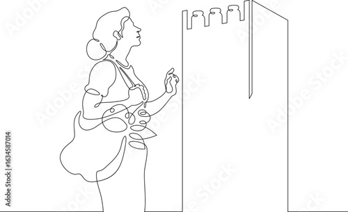 Continuous one line drawing woman chooses food products in a store.One continuous line isolated minimal illustration.Not AI.
