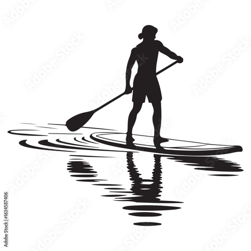 Black silhouette of person paddleboarding on water with reflection stand up paddleboarding