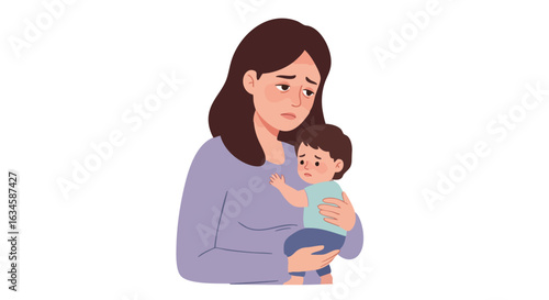 Minimalist Vector Illustration of Sad Mother Holding Child in Soft Colors for Emotional and Parenting Themes