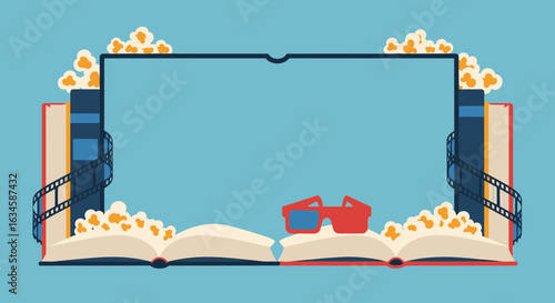 Cartoon illustration featuring books, popcorn, film reel, and 3D glasses creating a fun movie