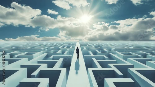 Business man walking clear path through maze toward light animation video. Clarity, breakthrough. Executive stride animated footage clip seamless HD motion. Visionary leadership concept