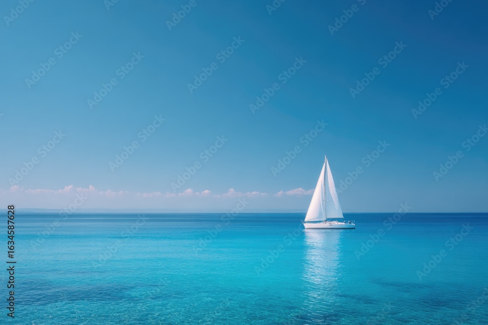 Fototapeta Sailboat glides over serene turquoise waters under clear blue sk