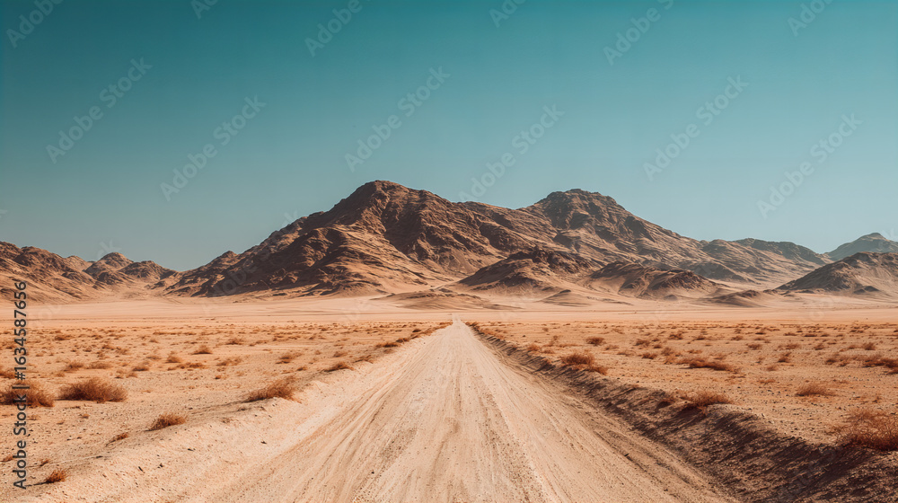 Naklejka premium Endless Straight Road Through a Vast Desert Landscape Leading Toward Distant Mountains Under a Soft Sunset Sky