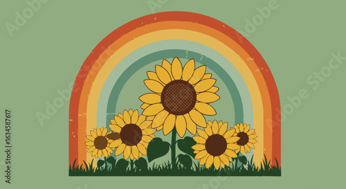 Minimalist Vector Illustration of Sunflower Flowers with Retro Rainbow in Vintage Style Bright Yellow and Earth Tones