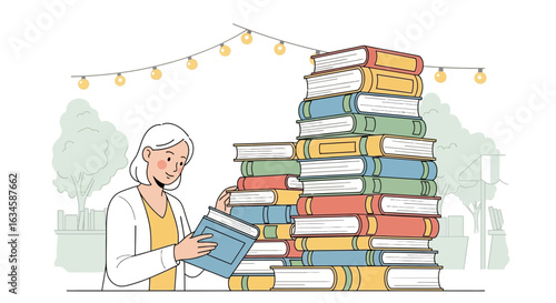Cartoon illustration of a woman reading a book next to a large book stack under string lights in a