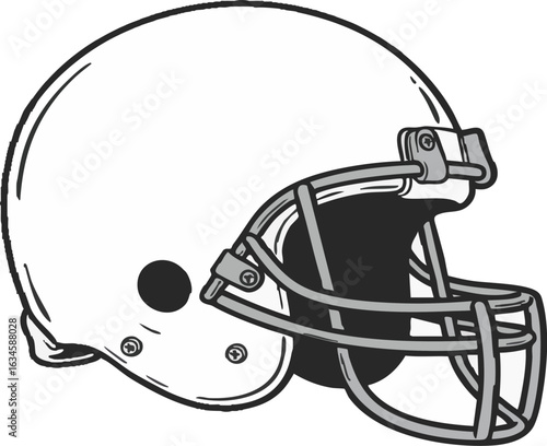 A classic football helmet illustration in black and white. Symbol of American gridiron sport, tackle football, and athletic competition.