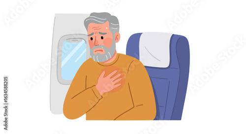 Vector Illustration of a Man with Chest Pain in Modern Style Featuring Simplified Human Figure with Gray Hair and Beard Wearing Brown Sweater Sitting in Airplane Seat