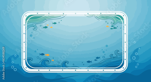 Charming Cartoon Porthole View of an Underwater Scene with Waves and Fishes graphic resource