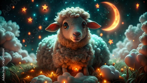 Cute Fluffy Sheep on Cloud under Night Sky with Stars and Moon 