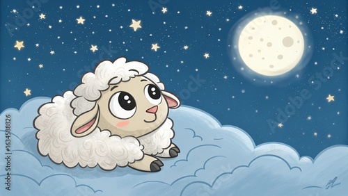 Cute Fluffy Sheep on Cloud under Night Sky with Stars and Moon 