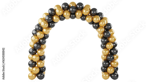 Archway of black and gold balloons on white background