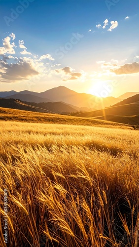 Golden wheat field at sunset over mountains (1)