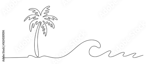 Single line drawing of a palm tree and ocean waves beach tropical