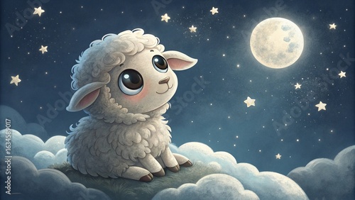 Cute Fluffy Sheep on Cloud under Night Sky with Stars and Moon 