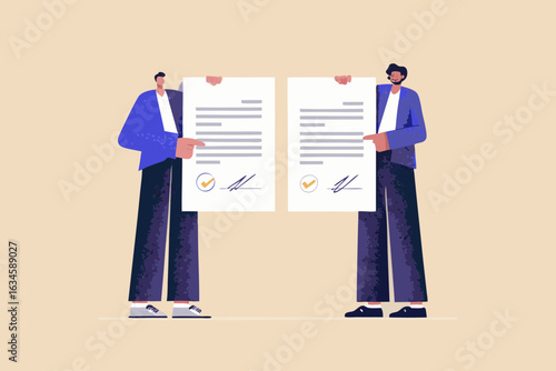 Two men holding and pointing at signed contracts