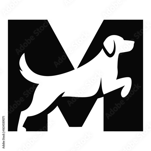 White dog silhouette jumping in front of black letter M logo vector
