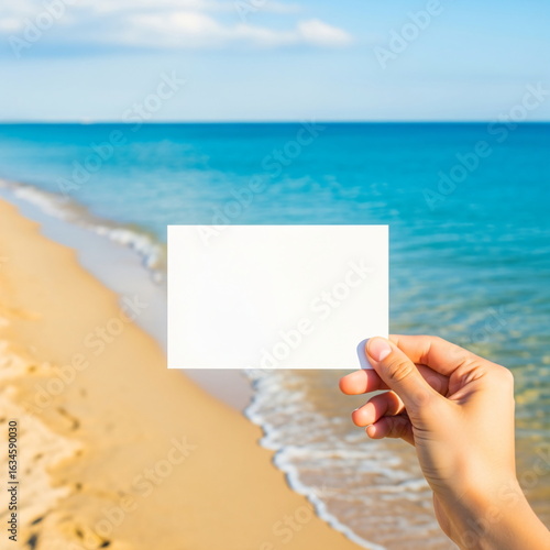 Hand holding blank postcard on beach