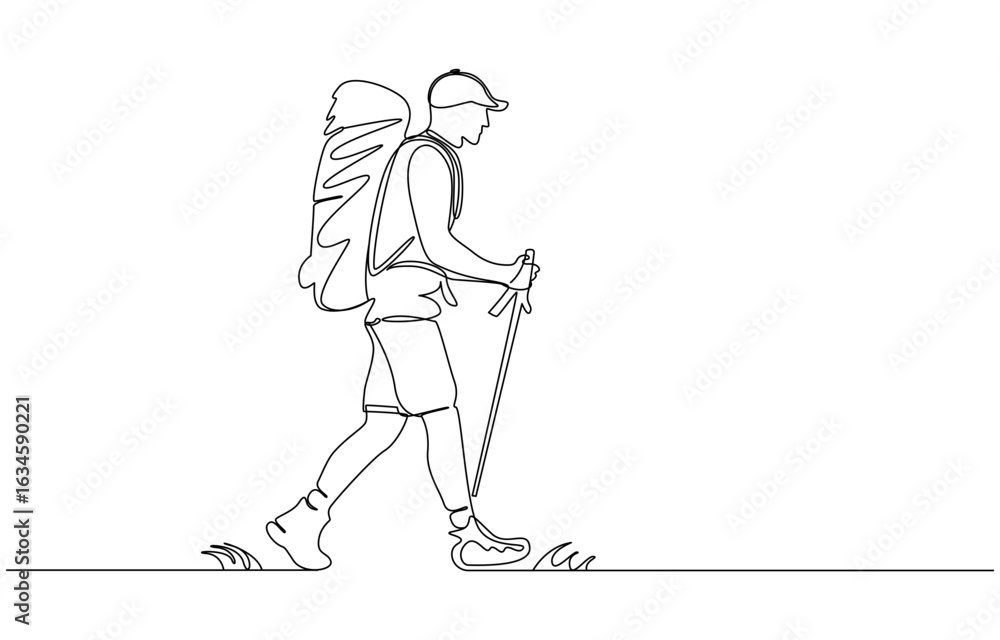 Fototapeta premium Continuous one line art Journey to Everest Base Camp Man Exploring Snowy Himalayan Trail