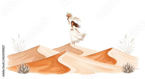 Bohemian woman in a desert landscape watercolor illustration with warm and earthy tones capturing