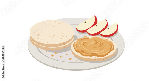 Minimalist Vector Illustration of Apple Slices and Peanut Butter on Plate in Organic Style with Natural Colors