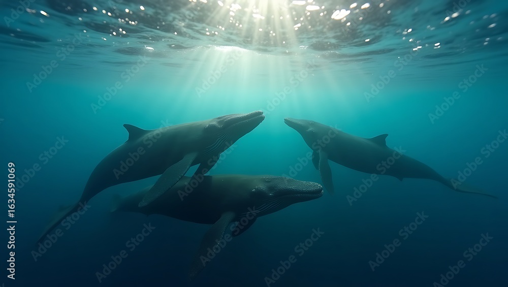 Obraz premium Three humpback whales swim gracefully in the ocean under bright sunlight penetrating the water surface