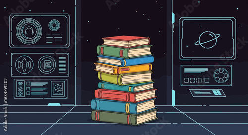 Books and Spaceship window for knowledge exploration in the galaxy illustration for educational