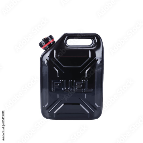 Black metal jerrycan with red cap and FUEL inscription