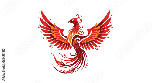 Vector Illustration of Mythical Phoenix in Modern Stylized Design with Red Orange Colors