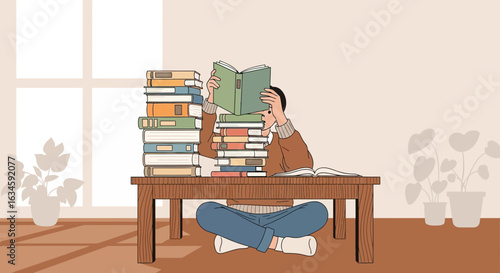 Boy reading books with piles of books on the table in a cozy and well-lit room