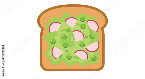 Minimalist Vector Illustration of Toast with Guacamole and Radish Slices in Organic Style
