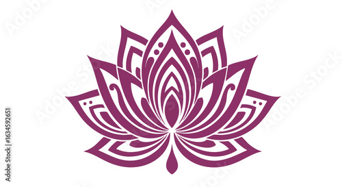 Vector Floral Pattern with Lotus Flower in Modern Minimalist Style Featuring Symmetrical Organic Shapes in Purple Colors