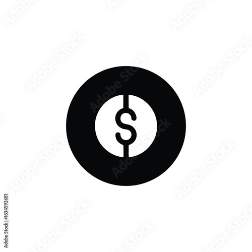 Simple black and white icon of a coin with a dollar sign