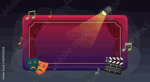 Cartoon theatrical stage with drama masks, clapperboard and light illustration