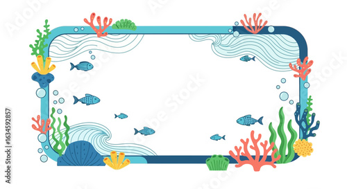 Cartoon Underwater World Frame with Fish, Coral Reefs, and Seaweed, Ideal for Invitations and