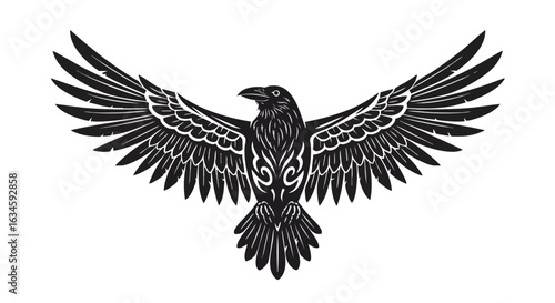 Vector Illustration of Bird with Outstretched Wings in Modern Decorative Style in Black Monochrome