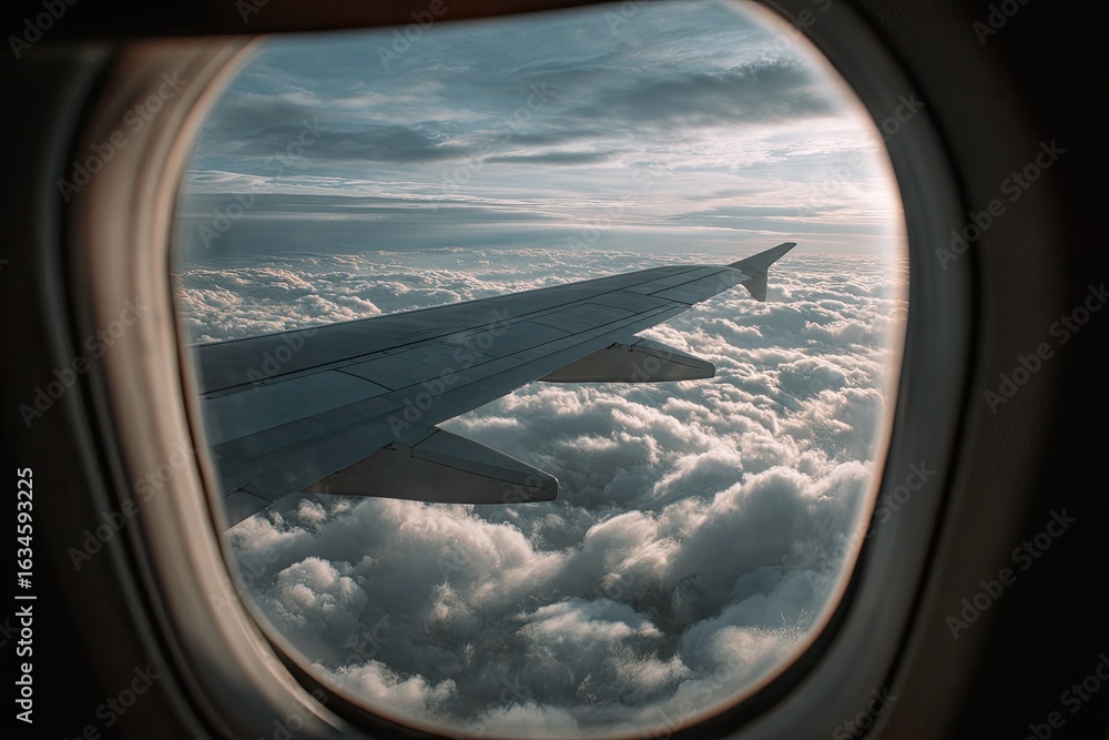 Naklejka premium Airplane window view of clouds and wing (1)